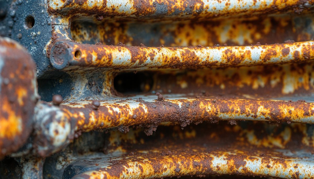 Close-up of a rusted furnace heat exchanger section with visible corrosion