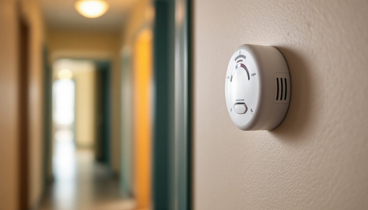 Carbon monoxide detector mounted on a wall in a hallway near a basement door