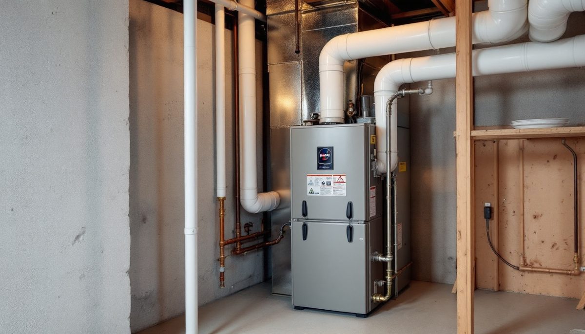 New high-efficiency condensing gas furnace with white PVC exhaust pipes in a basement