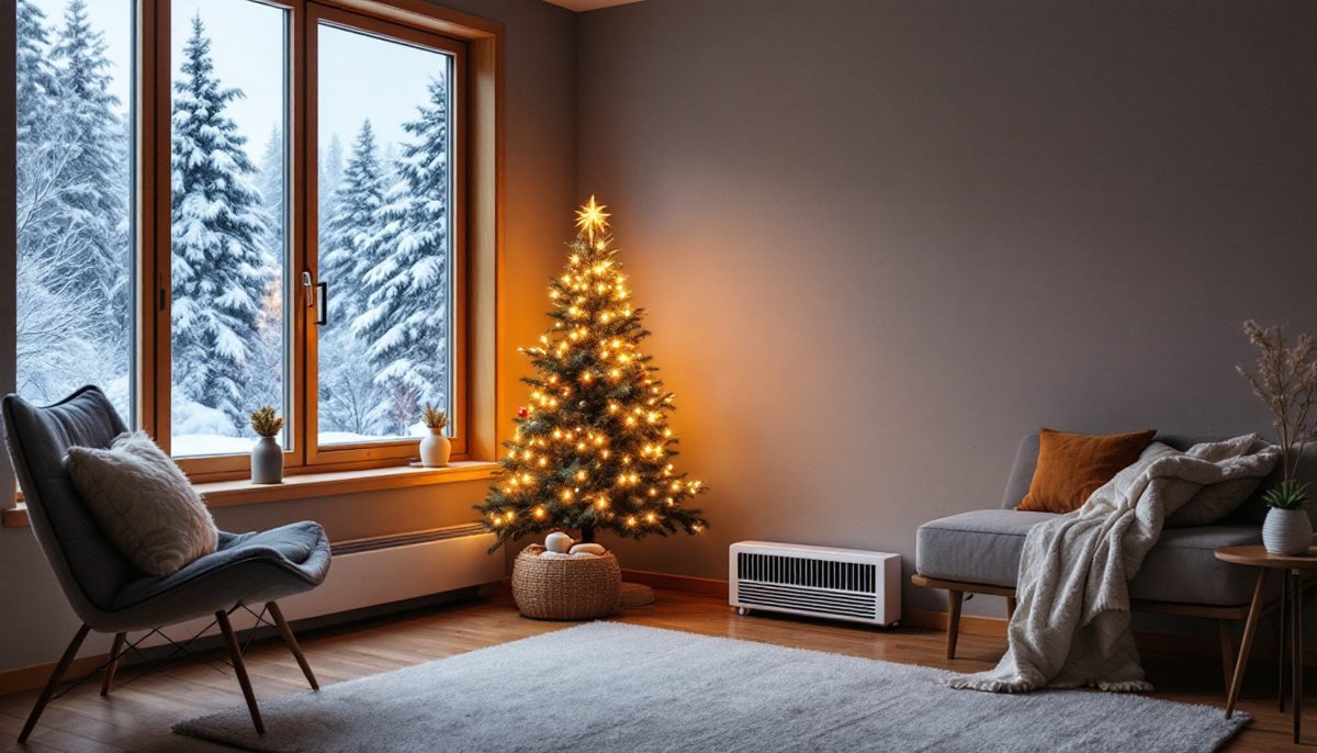 Cozy Canadian living room in winter with a warm floor heat register and snow outside the window