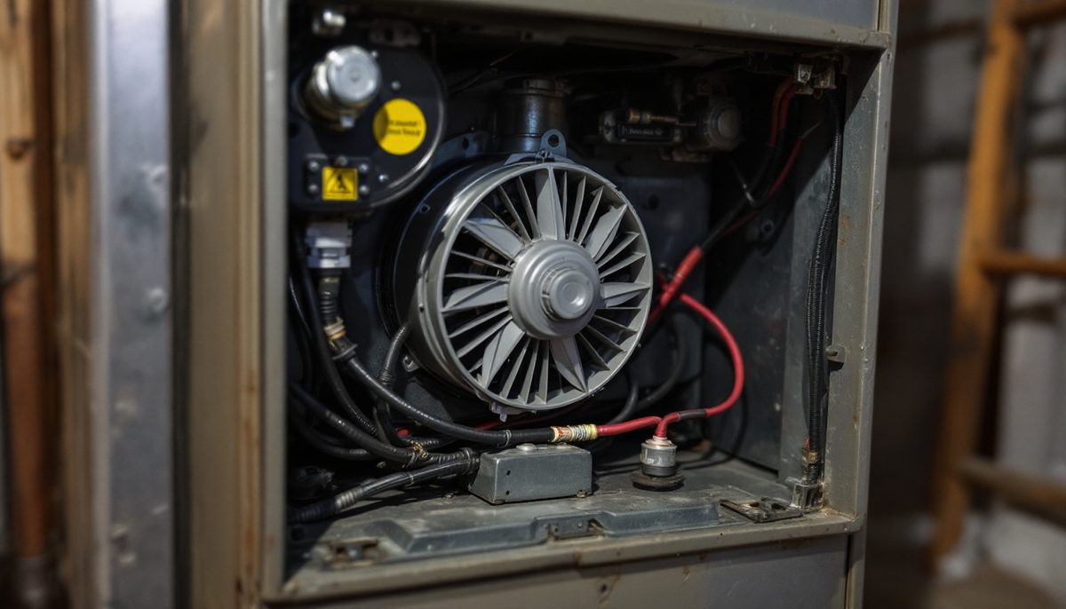 Furnace blower motor seen through the open lower panel