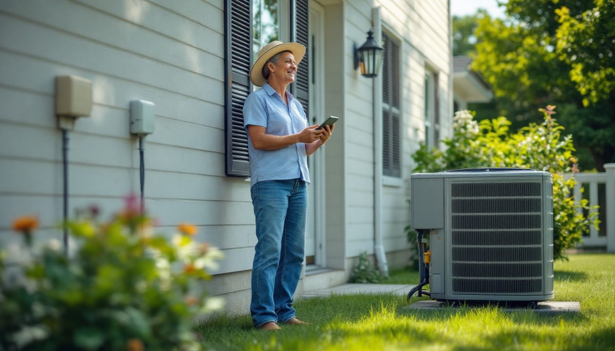 Homeowner listening to an outdoor AC unit as it starts