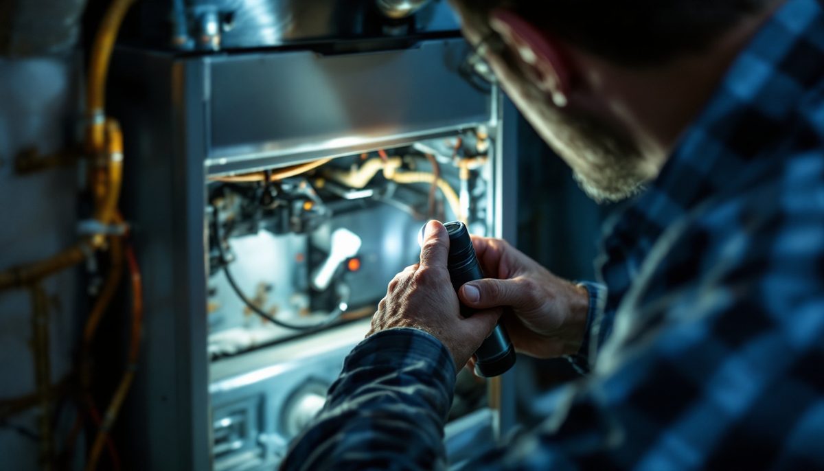 Homeowner looking into the lower compartment of a furnace with a flashlight