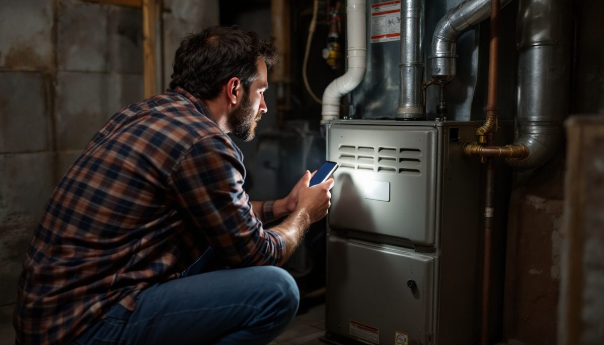 Homeowner crouching in a basement looking at the side panel of an old gas furnace with a phone flashlight