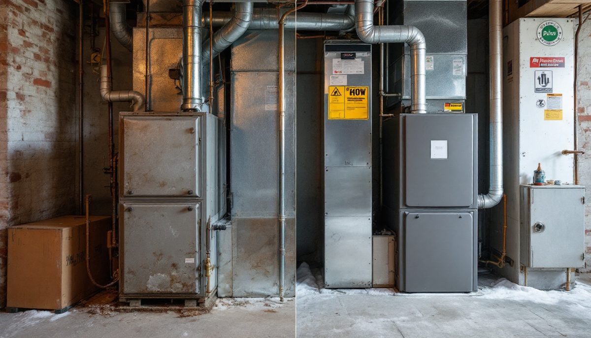 Side by side comparison scene of an old worn furnace and a clean modern high-efficiency furnace in a basement