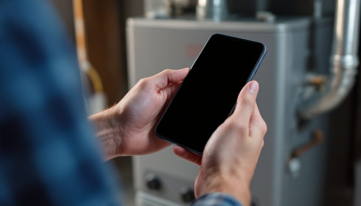 Close-up of a homeowner's hands holding a smartphone in front of a modern grey gas furnace in a basement