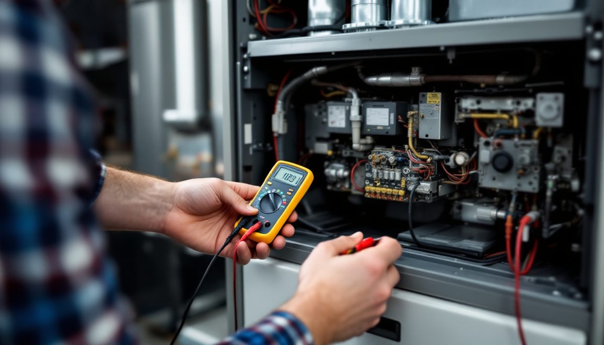 HVAC technician doing an annual furnace maintenance check with a digital multimeter