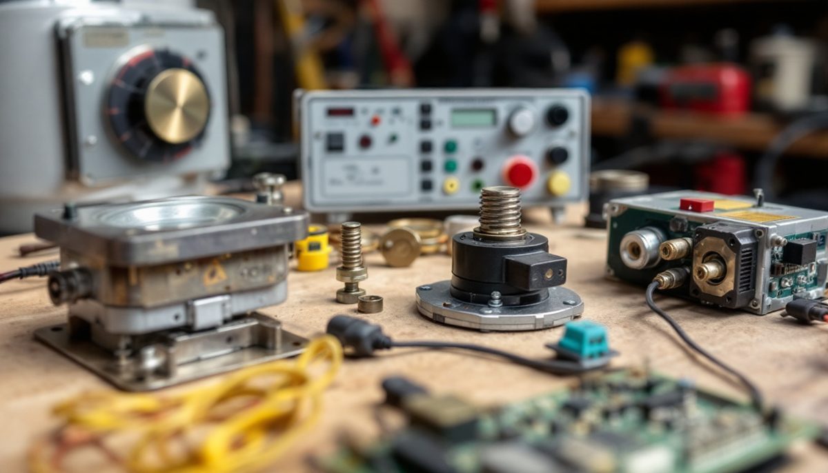 Assorted furnace replacement parts on a workbench: hot surface igniter