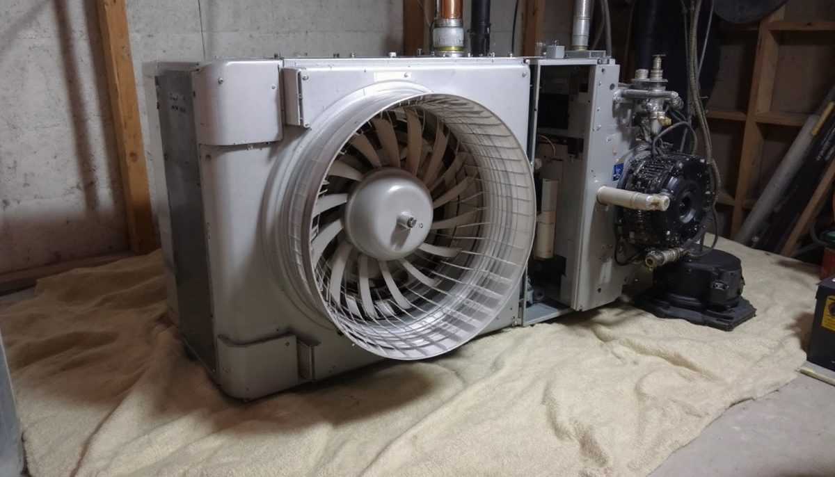 Furnace blower motor and squirrel cage wheel removed and resting on a drop cloth in a basement