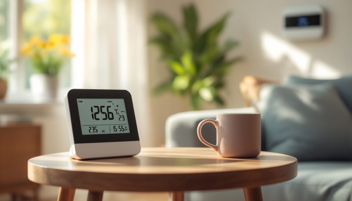 Indoor thermometer beside a wall thermostat in a living room
