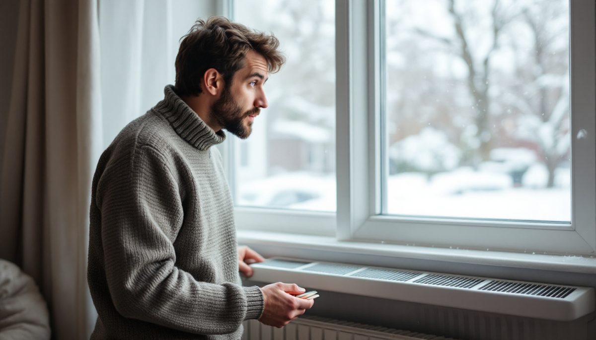 Adult homeowner in a sweater standing in a living room near a floor heat register