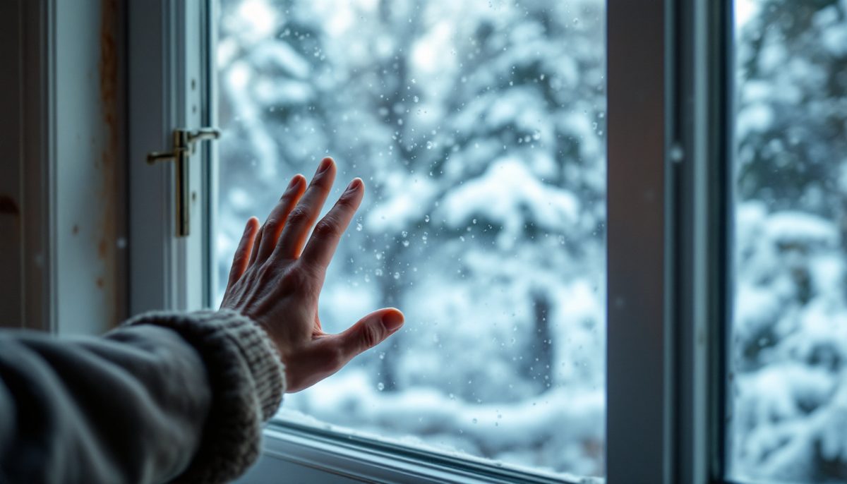 Hand opening a basement window slightly for fresh air in winter