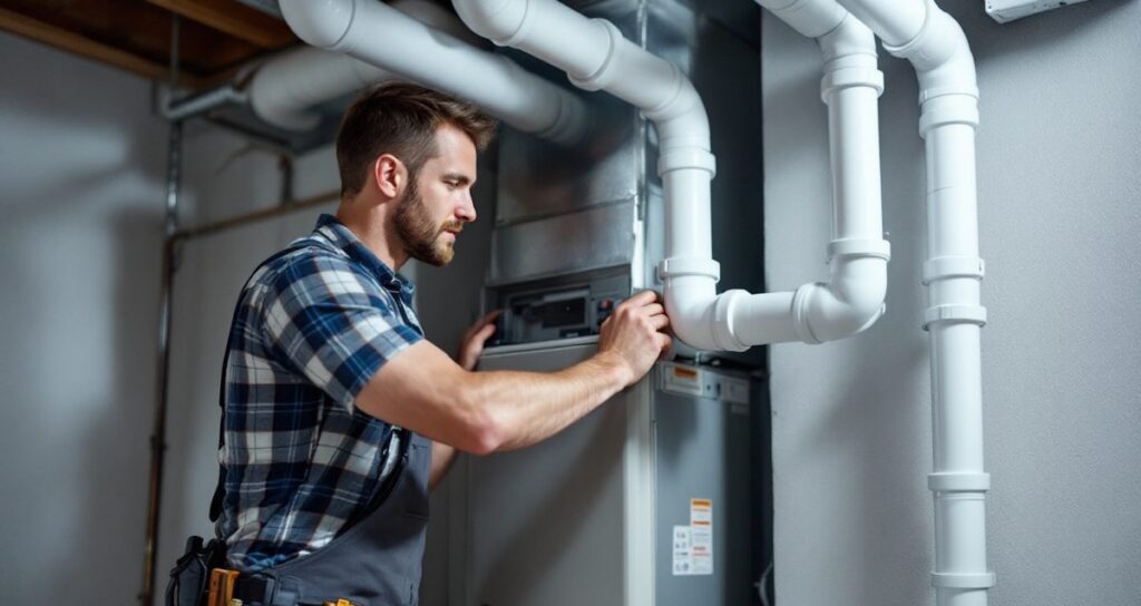 Technician installing a new high-efficiency gas furnace in a Calgary basement