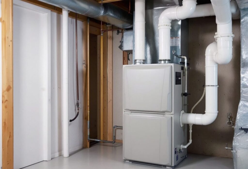 Newly installed high-efficiency gas furnace in a basement