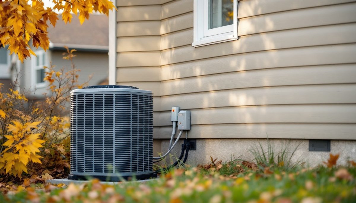Central air conditioner beside a house with siding in autumn