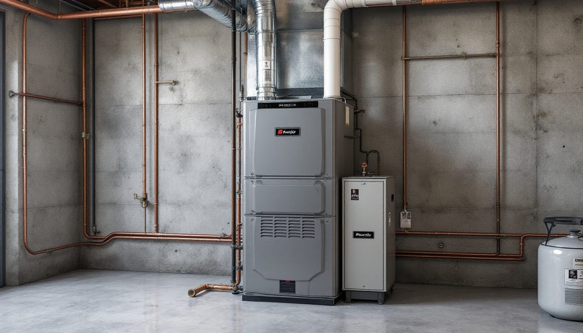 New matched gas furnace and indoor evaporator coil cabinet installed in a basement