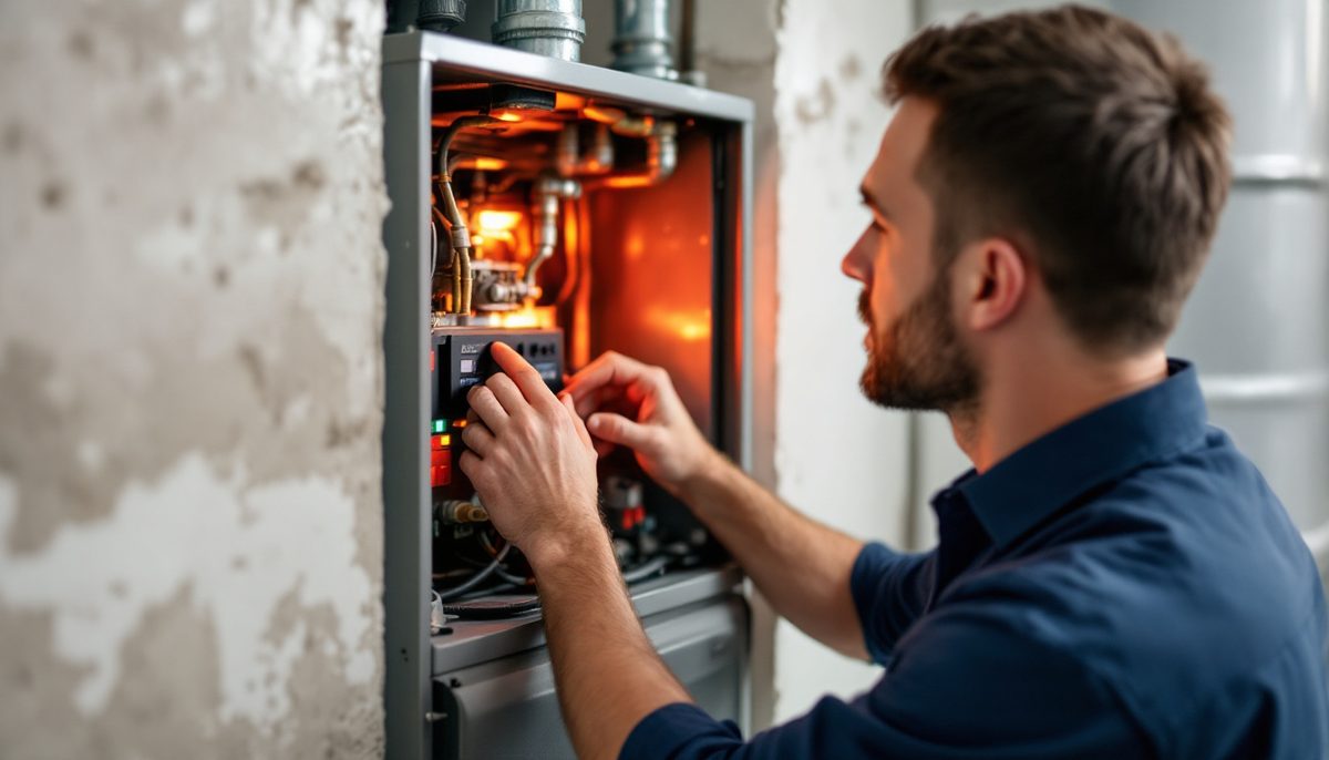 Technician checking the burner flame of a gas furnace during maintenance