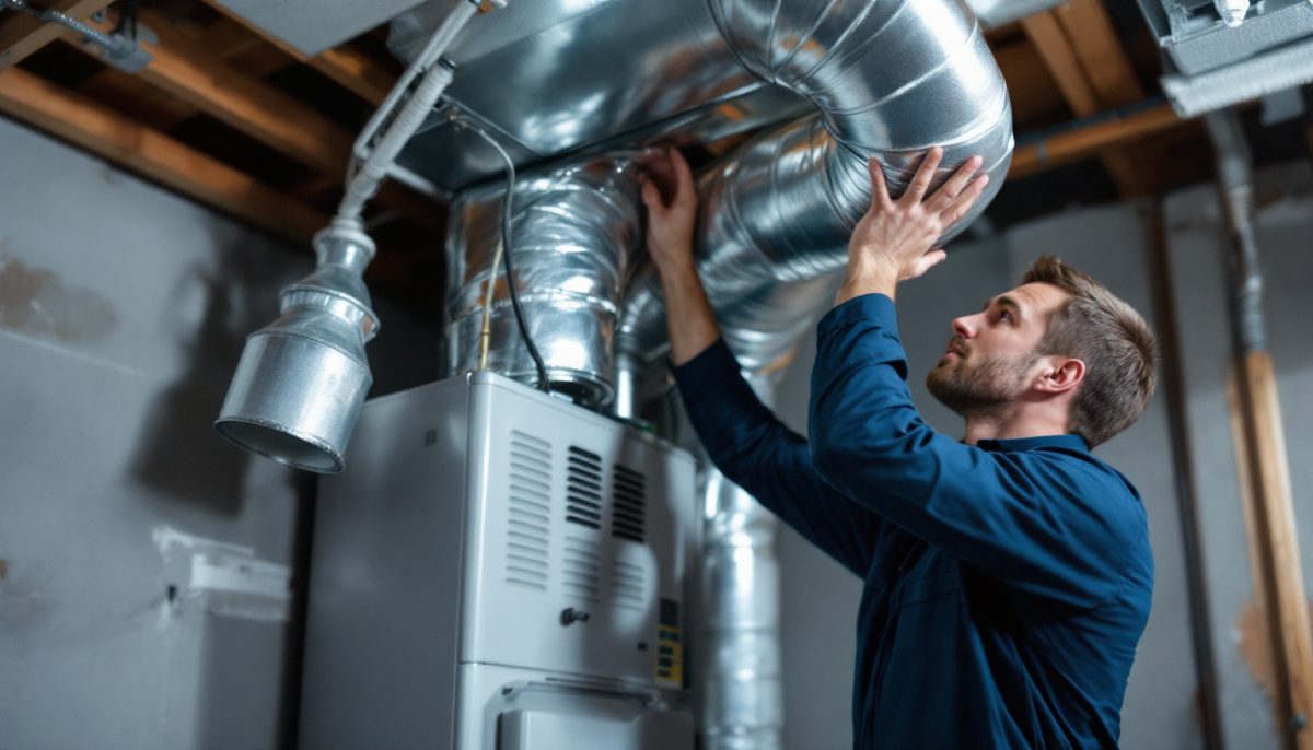 Technician connecting ductwork during an HVAC installation