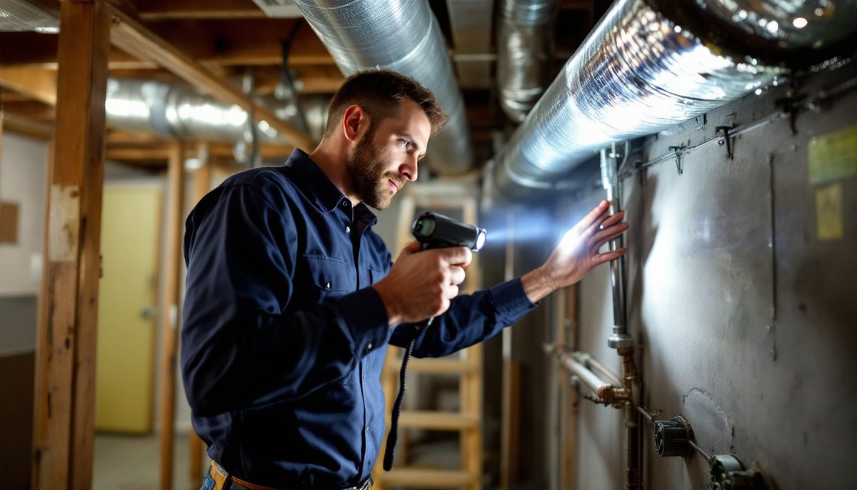 Technician inspecting basement ductwork with a flashlight before an AC installation
