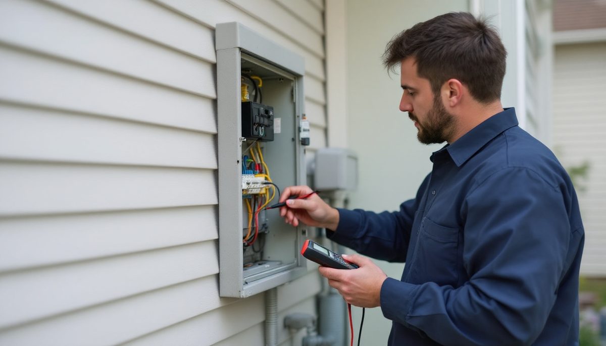 Technician testing power at the outdoor AC disconnect with a multimeter