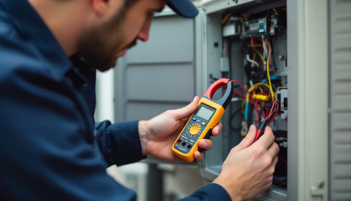 Technician testing air conditioner electrical components with a clamp meter