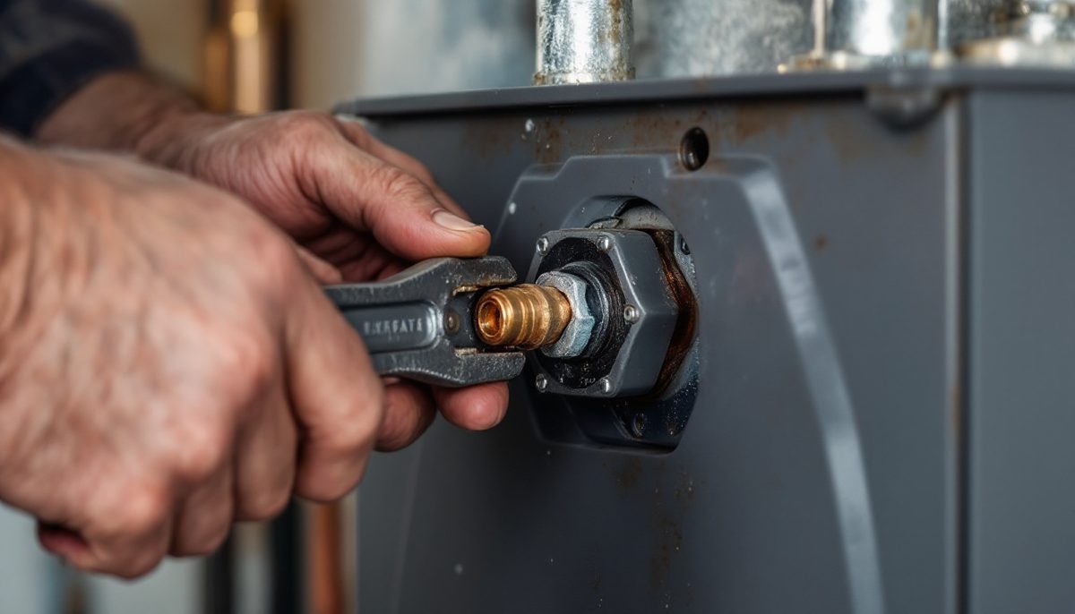 Close-up of an installer's hands tightening a gas line fitting on a new furnace with a pipe wrench