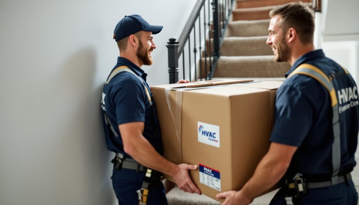 Two HVAC installers carrying a boxed new furnace down basement stairs in a suburban home