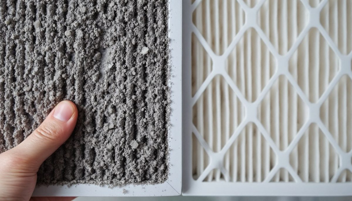 Very dirty clogged grey furnace air filter held next to a clean new white filter