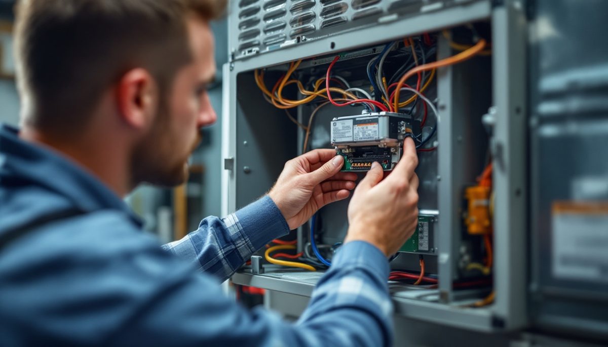 HVAC technician checking furnace blower motor wiring with the access panel open